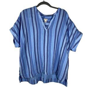 L.L.Bean Womens Striped Blue gauzy slub Cotton Top 1X Plus Size Made In Sri Lank
